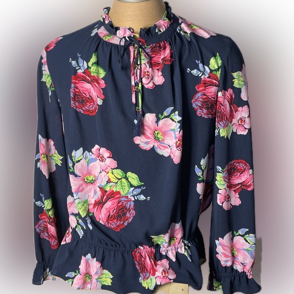 Isaac Mizrahi IMNYC Tops - Ruffle Neck Pink and Navy Floral Blouse